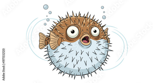 Funny cartoon illustration of a round spiky pufferfish with wide eyes and swimming among small bubbles on white.
