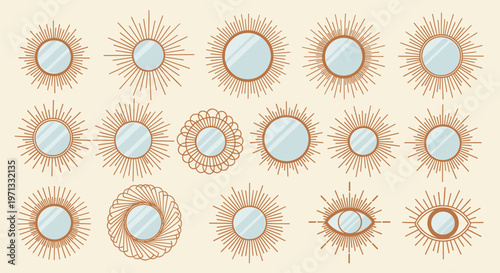 Set of decorative sunburst mirrors in different designs and sizes with woven and metallic frames for stylish interior wall decor.
