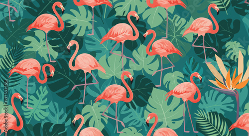 Tropical seamless pattern of elegant pink flamingos standing among lush green monstera leaves and exotic flowers.