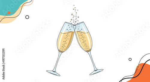 Celebration illustration of two champagne glasses clinking with bubbles and abstract shapes for a festive and joyful atmosphere.