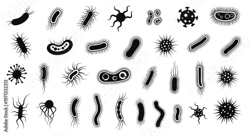 Extensive collection of black silhouettes representing different types of bacteria, viruses, and microscopic organisms.