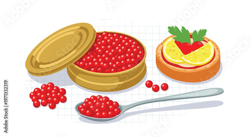 Gourmet appetizer illustration featuring a jar of red caviar, a serving spoon, and a small toast with lemon slices.