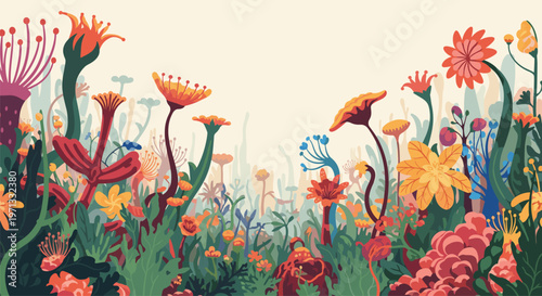 Fantastic and colorful illustration of a dense wildflower meadow with imaginary and unique plant forms and textures.