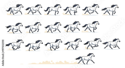 Dynamic animation sprite sheet featuring multiple frames of a majestic white horse in a full running gallop for digital games.