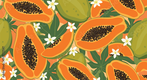 Seamless tropical pattern featuring ripe orange papaya halves with seeds, whole green papayas, large leaves, and delicate small white flowers.
