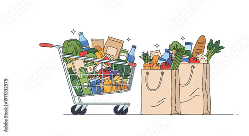 Helpful illustration showing a metal grocery cart and two paper bags overflowing with fresh produce, bottles, and groceries.