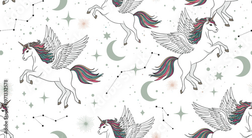 Magical seamless pattern featuring flying white pegasi with rainbow manes among celestial stars and crescent moons.