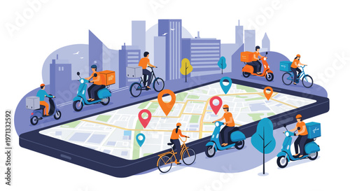 Vector illustration showing a mobile delivery app interface with couriers on scooters and bicycles moving across a city map.