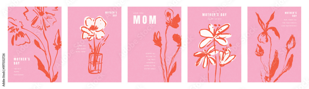 Fototapeta premium Set of greeting card designs with hand drawn flowers in sketch style on pink background for Mother's Day holiday celebration, vector illustration
