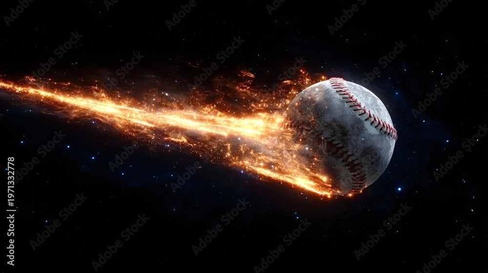 Naklejka premium Baseball traveling fast across the dark cosmos, leaving a bright, glowing fiery particle trail against a background of sparkling stars and distant nebulae