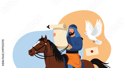Symbolic illustration of a messenger riding a horse while holding an open scroll, accompanied by a white dove and an envelope.