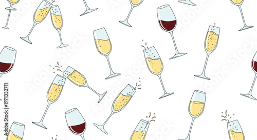 Festive seamless pattern featuring glasses of champagne and red wine in various orientations, creating a celebratory feel on white background.