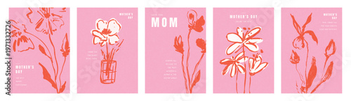 Set of greeting card designs with hand drawn flowers in sketch style on pink background for Mother's Day holiday celebration, vector illustration