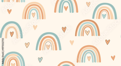 Charming seamless pattern of hand-drawn rainbows and small hearts in a soft pastel color palette, ideal for nursery or children's room decor.