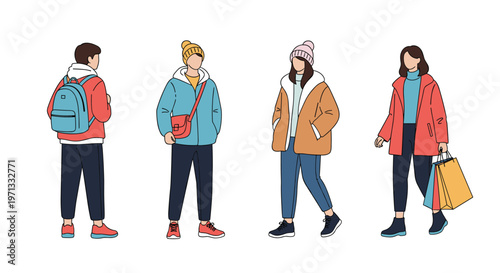 Group of four diverse young adults dressed in stylish winter outerwear including colorful puffer jackets, warm beanies, and casual trousers.