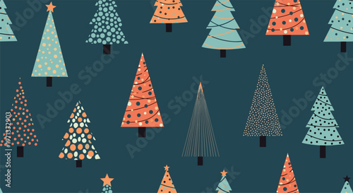 Festive seamless pattern showcasing a variety of stylized Christmas trees decorated with dots and lines on a dark blue evening background.