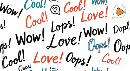 Seamless background pattern filled with colorful handwritten slang words like wow love cool and oops in various fonts.