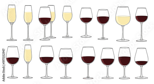 Elegant set of wine and champagne glasses containing various amounts of light and dark wine, perfect for tasting and celebration graphics.