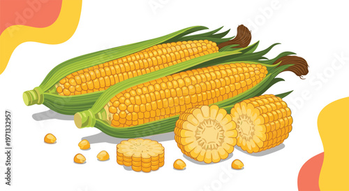 Two fresh corn cobs in husks along with several yellow kernels and slices of corn, presented in a clean and appetizing food illustration.