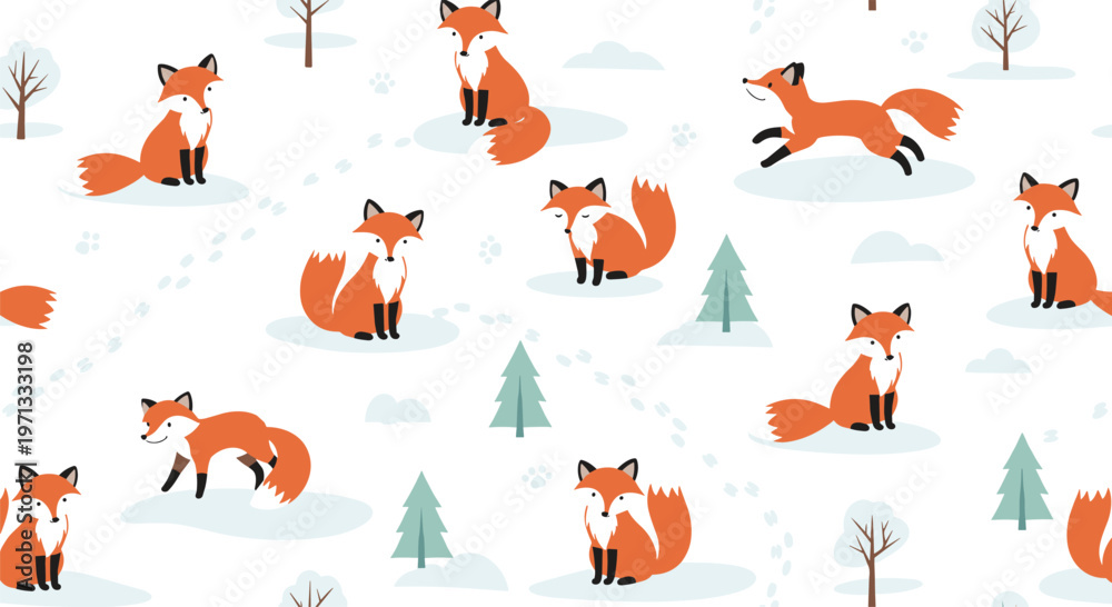 Obraz premium Adorable seamless pattern featuring cute red foxes playing and sitting in a snowy winter landscape with pine trees.