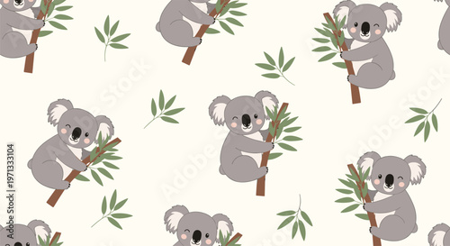 Adorable seamless pattern featuring cute grey koalas climbing bamboo stalks and eating green leaves on a soft cream background.