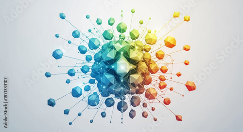 Abstract geometric explosion of colorful polyhedrons connected by thin lines against a light background.