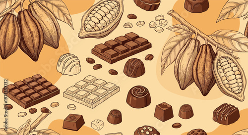 Detailed hand drawn seamless pattern of chocolate bars truffles and cocoa beans on a warm yellowish background for design.
