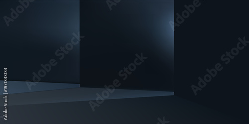 Interior dark room, hangar with concentrate wall and floor, fog and mist environment. 3d render.