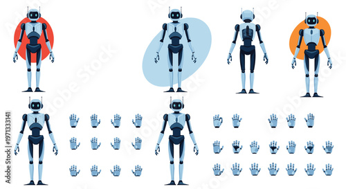 Futuristic character design sheet for a sleek humanoid robot, featuring multiple poses and a large set of hand gestures for animation use.