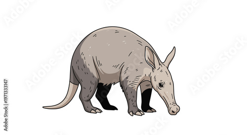 Illustration of a grey aardvark with long ears and a snout walking on a plain white background in a detailed vector style.