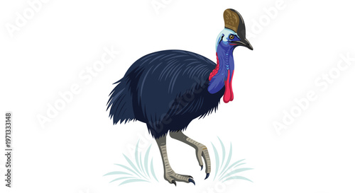 Detailed illustration of a large cassowary bird with dark feathers and a blue neck standing on a plain white background.