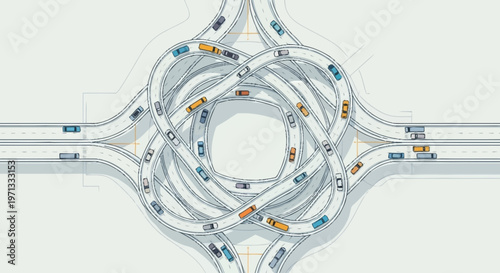 An overhead view of a complex, multi-layered highway interchange with numerous cars navigating its intricate network of ramps and curves.
