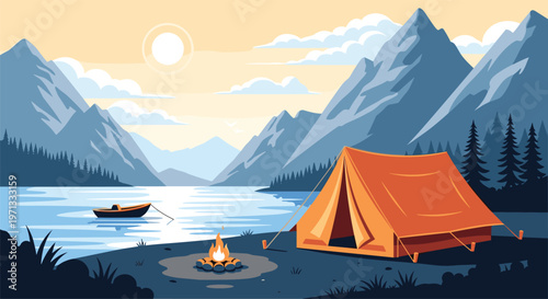 Tranquil landscape illustration of a camping site by a lake with a tent, a campfire, and mountains in the background.