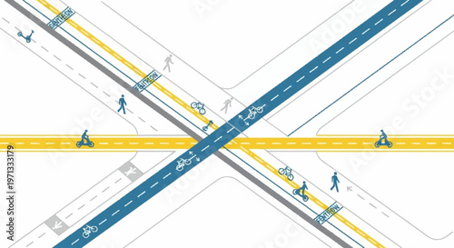An overhead illustration depicts a complex urban intersection designed for multimodal transportation, including cars, bicycles, and pedestrians.