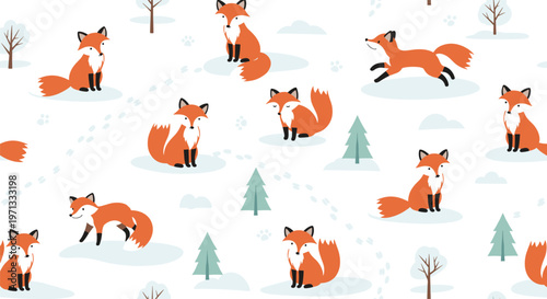 Adorable seamless pattern featuring cute red foxes playing and sitting in a snowy winter landscape with pine trees.