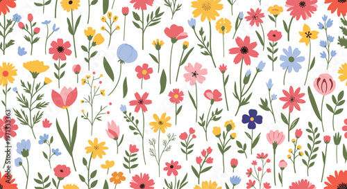 Vibrant seamless pattern filled with a variety of colorful garden flowers and green stems on a bright white background.