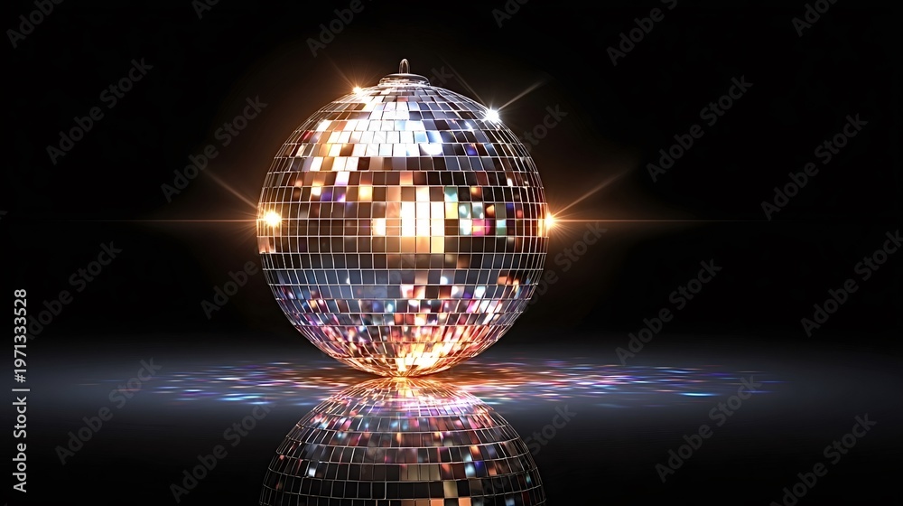 Obraz premium Disco ball spinning and reflecting vibrant party lights on a dark studio floor, creating a festive atmosphere for celebration, nightlife, and retro entertainment