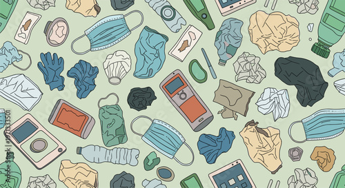 Important seamless pattern depicting various types of common litter including face masks, plastic bottles, and crumpled paper waste.