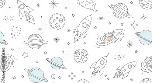 Playful seamless pattern of hand drawn space doodles including rockets, planets, stars, and galaxies on a white background.