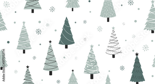Whimsical winter seamless pattern featuring various stylized evergreen trees and delicate snowflakes on a white background.
