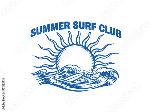 Summer surf club vector design. Ocean wave with sun artwork. Surfing club vintage logo. Coastal vibes design. Beach t shirt graphic print.