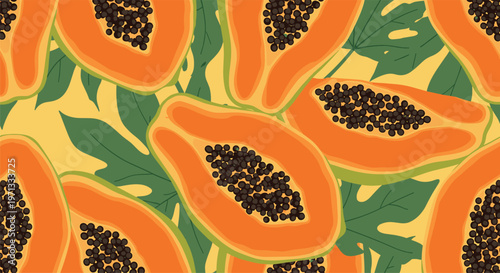 Vibrant seamless pattern featuring halves of ripe orange papaya fruit with black seeds and lush green tropical leaves.