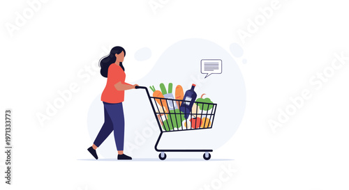Illustration of a woman pushing a grocery cart filled with fresh vegetables and a bottle of wine on a light background.