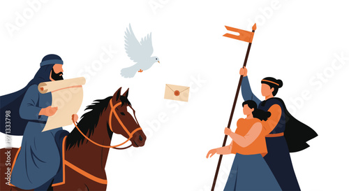 Narrative illustration depicting a historical scene with a man on a horse holding a scroll, a dove, and people with a flag.
