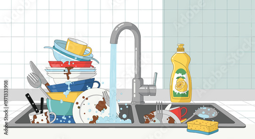 Illustration of a kitchen sink filled with a large pile of dirty dishes needing to be washed with soap and water.