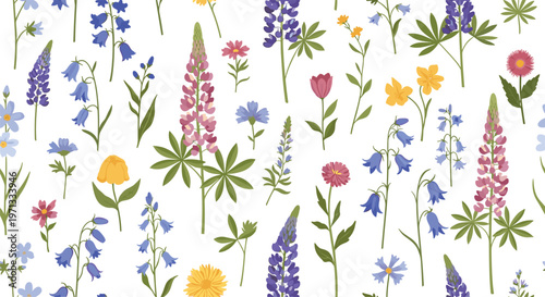 Seamless pattern background featuring a colorful mix of various wildflowers such as lupines and bellflowers on white.