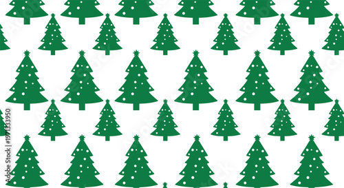 Minimalist seamless pattern of identical green stylized Christmas trees with white dots arranged in a grid on white.
