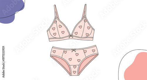 Cute pink lingerie set featuring a heart pattern on a bra and matching panties isolated on a stylized background.