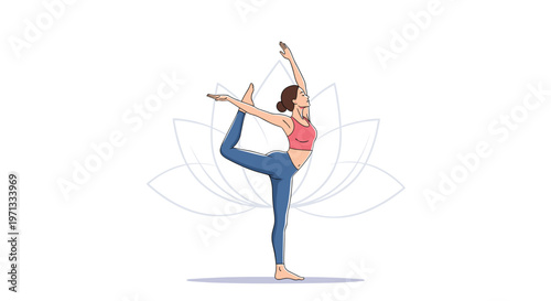 Silhouette of a woman practicing a balancing yoga pose in front of a faint lotus flower symbol on a white background.