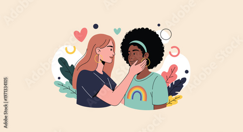 Heartfelt illustration of two women showing affection and love with symbolic hearts and rainbow motifs in the background.